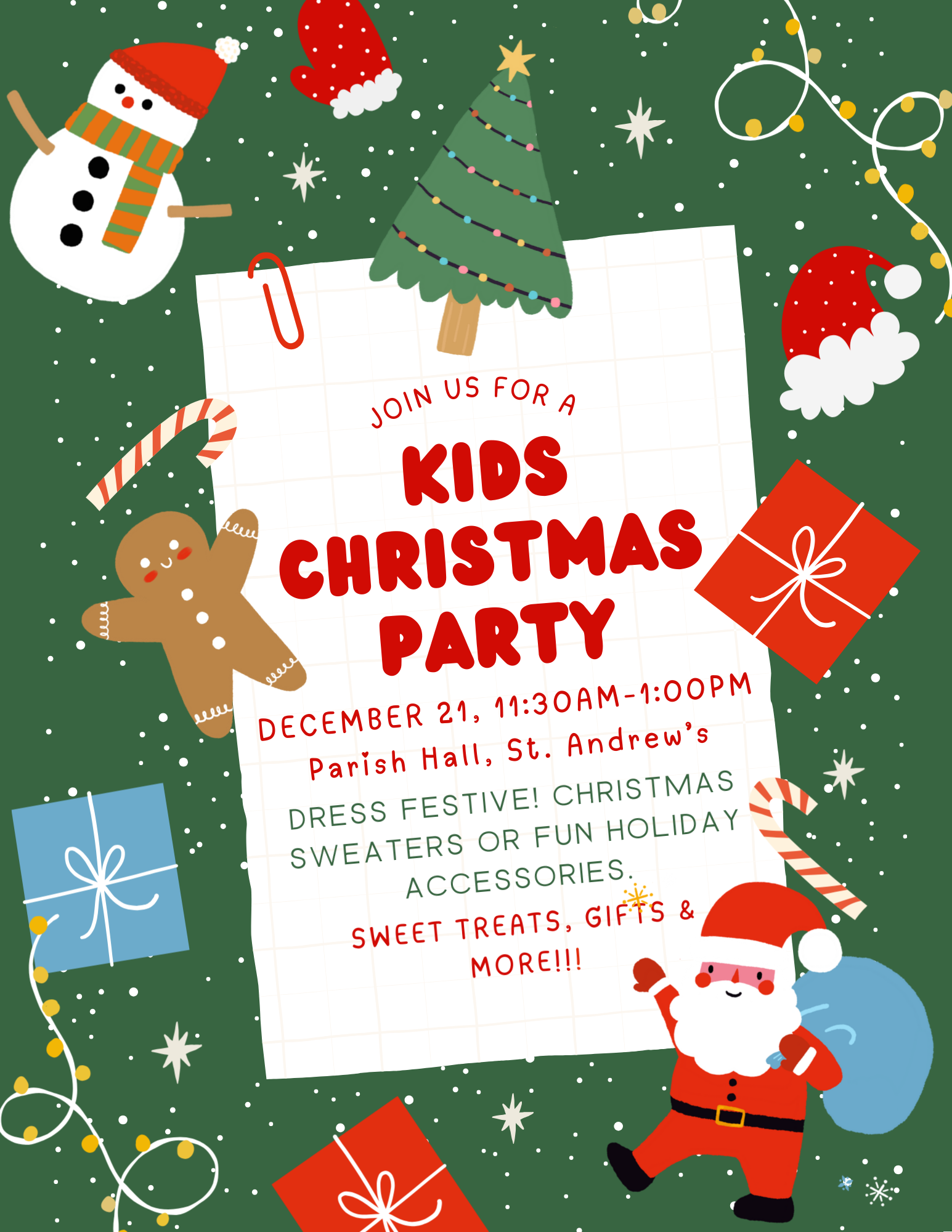 Flyer for Kid's Christmas Party, Sunday December 21, 11:30am-1:00pm in the Parish Hall!